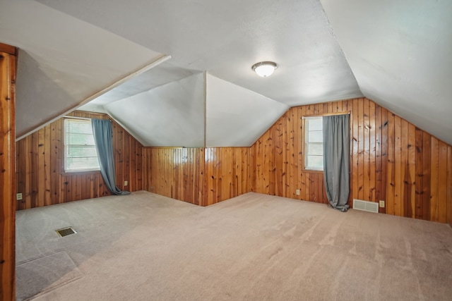 4147 E 7th St, Des Moines, IA 50313 - additional living space featuring healthy amount of natural light, wood walls, lofted ceiling, and carpet floors