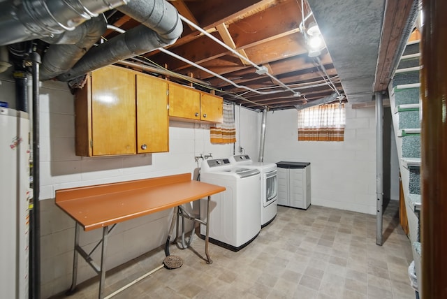 4147 E 7th St, Des Moines, IA 50313 - washroom with washing machine and clothes dryer, cabinet space, water heater, and light floors