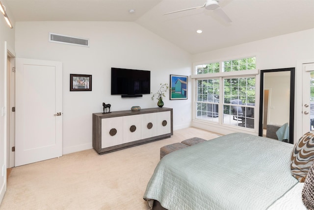 8115 Cobblestone Ct, Urbandale, IA 50322 - bedroom with baseboards, lofted ceiling, light colored carpet, and ceiling fan