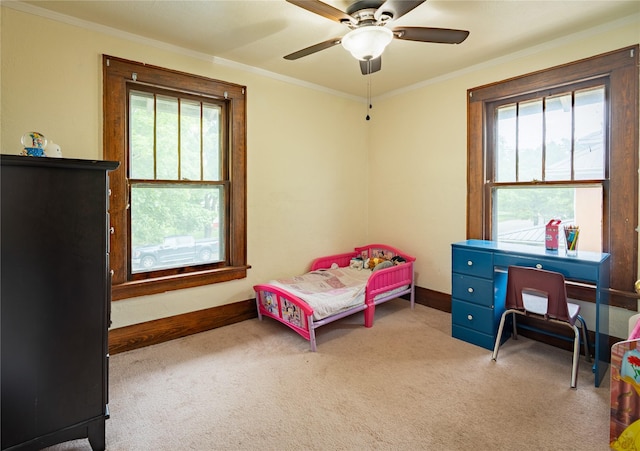 1014 14th St, Boone, IA 50036 - carpeted bedroom with multiple windows, crown molding, baseboards, and ceiling fan