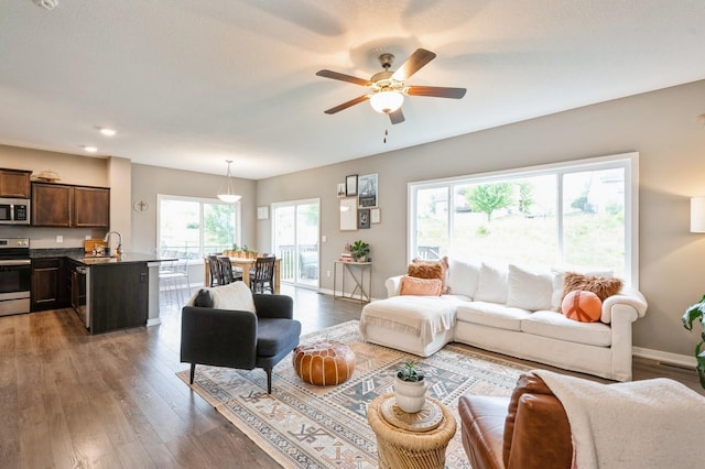 1085 Juniper Dr, Carlisle, IA 50047 - living area featuring wood finished floors, ceiling fan, baseboards, and recessed lighting