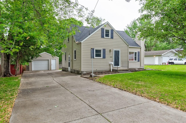 4007 68th St, Urbandale, IA 50322 - view of front of house featuring an outbuilding, a detached garage, a front yard, a shingled roof, and a chimney