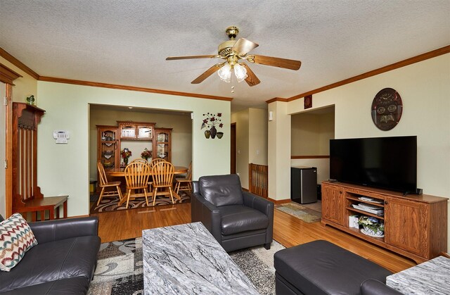 1236 63rd St, Windsor Heights, IA 50324 - living area with wood finished floors, a ceiling fan, crown molding, and a textured ceiling