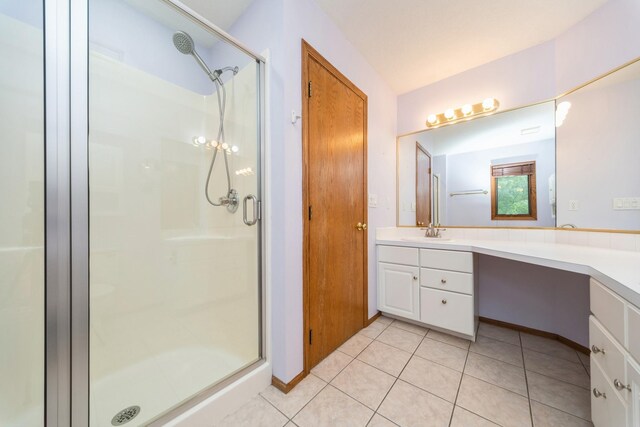 2230 NW 138th St, Clive, IA 50325 - bathroom with a shower stall, vanity, and tile patterned flooring