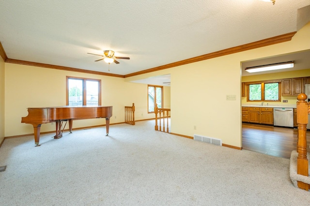 4521 77th St, Urbandale, IA 50322 - unfurnished office featuring ornamental molding, light colored carpet, ceiling fan, baseboards, and a sink
