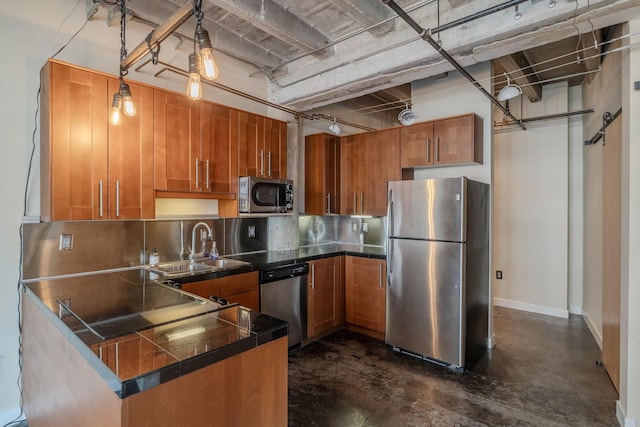 112 11th St Unit 506, Des Moines, IA 50309 - kitchen featuring stainless steel appliances, brown cabinets, finished concrete floors, and a sink