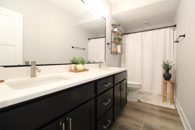 5015 153rd St, Urbandale, IA 50323 - full bathroom featuring wood finished floors, double vanity, toilet, and baseboards