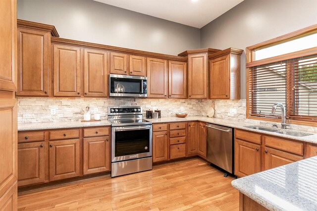 3605 151st St, Urbandale, IA 50323 - kitchen with appliances with stainless steel finishes, a sink, light wood-type flooring, and backsplash