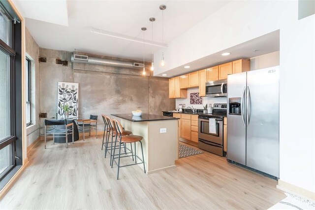119 4th St Unit 102, Des Moines, IA 50309 - kitchen featuring appliances with stainless steel finishes, light brown cabinets, light wood-type flooring, and dark countertops