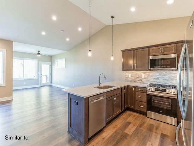 804 Academy Cir, Nevada, IA 50201 - kitchen with stainless steel appliances, a sink, a peninsula, wood finished floors, and vaulted ceiling