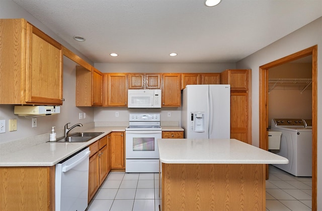 6200 Ep True Pkwy Unit 601, West Des Moines, IA 50266 - kitchen with white appliances, a sink, light tile patterned floors, light countertops, and recessed lighting