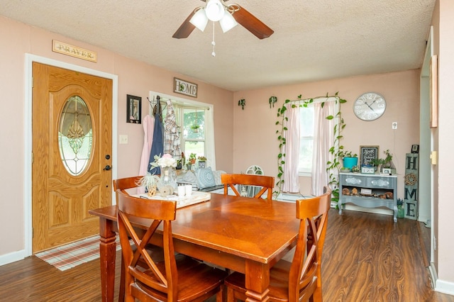 404 E 21st St S, Newton, IA 50208 - dining room featuring dark wood-type flooring, a textured ceiling, and ceiling fan