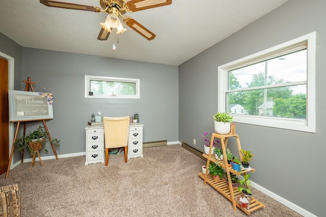 404 E 21st St S, Newton, IA 50208 - office area featuring ceiling fan, carpet floors, baseboards, and a baseboard radiator