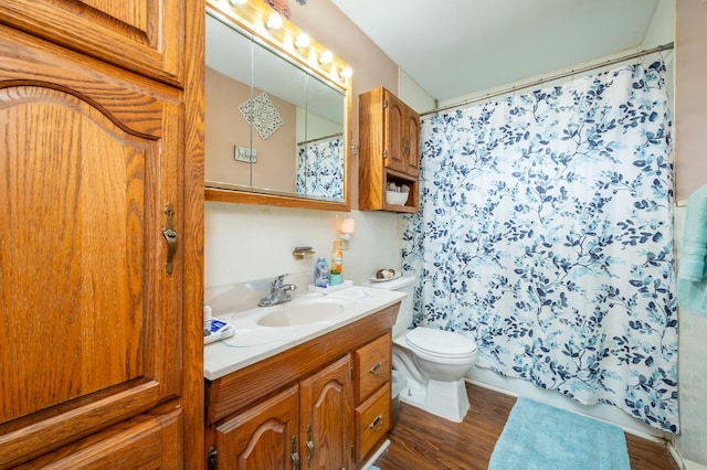 404 E 21st St S, Newton, IA 50208 - bathroom featuring wood finished floors, toilet, vanity, and shower / tub combo