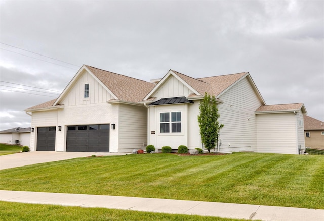 5018 NE Seneca Dr, Ankeny, IA 50021 - modern inspired farmhouse with a front lawn, concrete driveway, board and batten siding, and roof with shingles