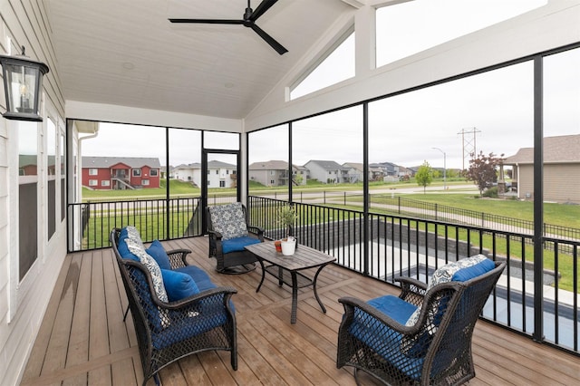5018 NE Seneca Dr, Ankeny, IA 50021 - sunroom / solarium with ceiling fan, a residential view, and vaulted ceiling