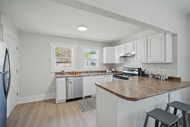 1519 Searle St, Des Moines, IA 50317 - kitchen with stainless steel appliances, under cabinet range hood, light wood finished floors, a peninsula, and a kitchen breakfast bar