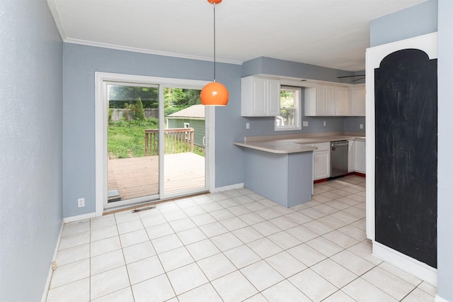 4101 Muskogee Ave, Des Moines, IA 50312 - kitchen featuring dishwasher, a peninsula, baseboards, plenty of natural light, and crown molding