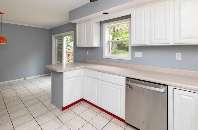 4101 Muskogee Ave, Des Moines, IA 50312 - kitchen featuring stainless steel dishwasher, light tile patterned floors, white cabinetry, light countertops, and a peninsula