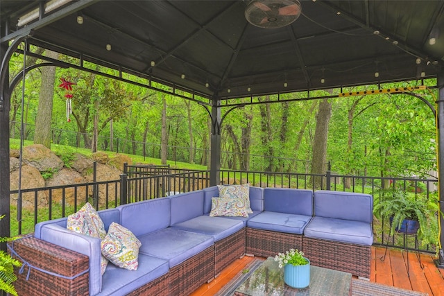 5200 Pine Valley Dr, Pleasant Hill, IA 50327 - deck featuring an outdoor hangout area, a gazebo, a fenced backyard, and a forest view