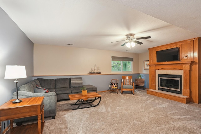 5200 Pine Valley Dr, Pleasant Hill, IA 50327 - living room with a ceiling fan, carpet floors, a fireplace, and baseboards