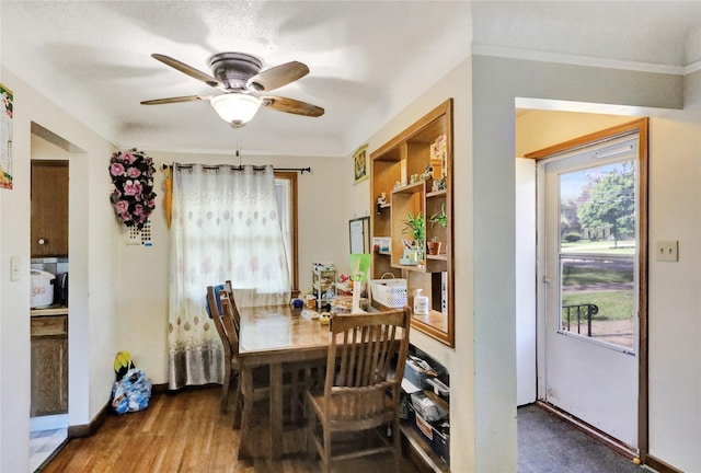 3517 50th St, Des Moines, IA 50310 - dining area featuring healthy amount of natural light, ceiling fan, crown molding, baseboards, and wood finished floors