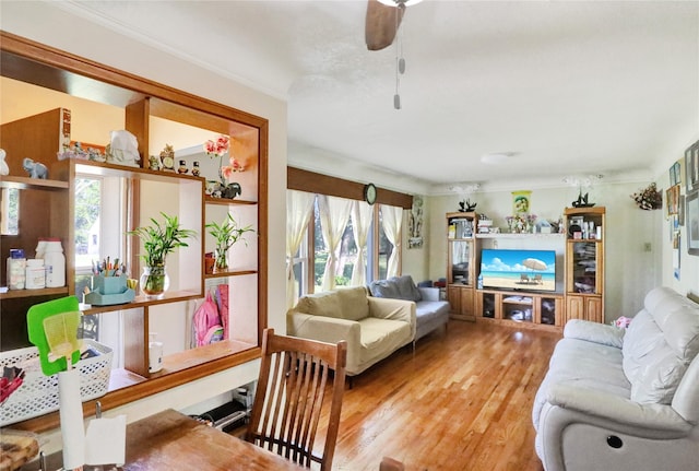 3517 50th St, Des Moines, IA 50310 - living room featuring plenty of natural light, wood finished floors, ornamental molding, and a ceiling fan