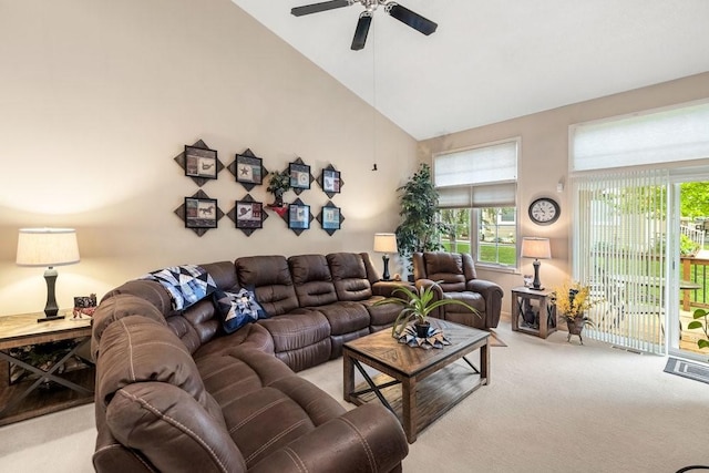 9812 Green View Ln, Johnston, IA 50131 - living room featuring high vaulted ceiling, carpet floors, and a ceiling fan