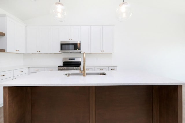 2500 NE 6th St, Grimes, IA 50111 - kitchen featuring stainless steel appliances, a sink, white cabinetry, light countertops, and vaulted ceiling