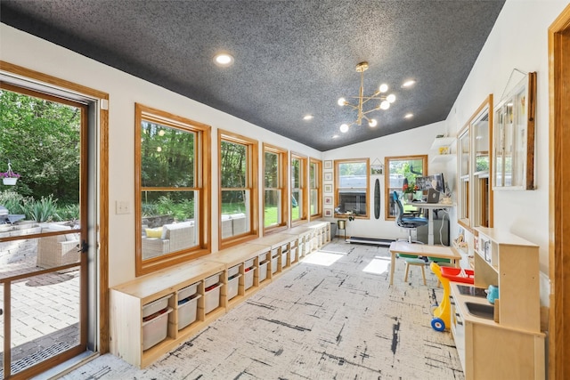 6935 NW 88th Ave, Johnston, IA 50131 - sunroom featuring recessed lighting, vaulted ceiling, and a chandelier