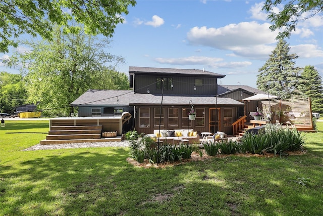 6935 NW 88th Ave, Johnston, IA 50131 - rear view of house with a sunroom, outdoor lounge area, roof with shingles, a lawn, and a jacuzzi