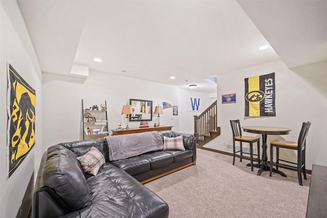 7305 NW 18th St, Ankeny, IA 50023 - living room featuring carpet floors, stairway, recessed lighting, baseboards, and bar