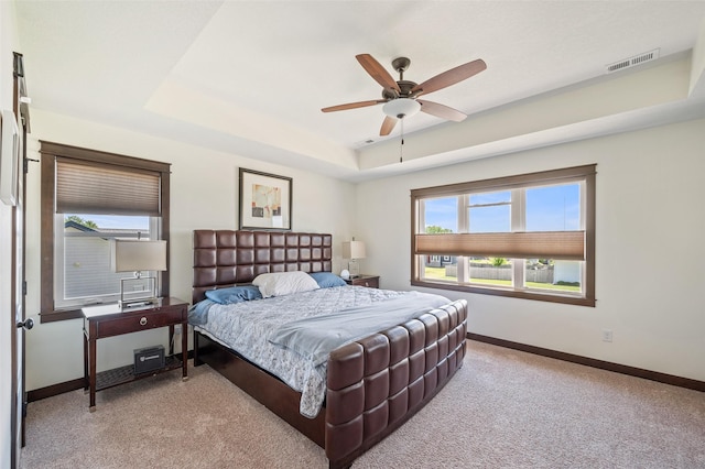 7305 NW 18th St, Ankeny, IA 50023 - bedroom featuring light colored carpet, baseboards, a raised ceiling, and ceiling fan