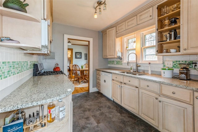 1518 45th St, Des Moines, IA 50311 - kitchen featuring open shelves, dishwasher, a sink, and backsplash