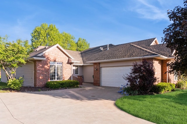 1960 NW 126th St, Clive, IA 50325 - ranch-style home featuring brick siding, concrete driveway, an attached garage, a front yard, and roof with shingles