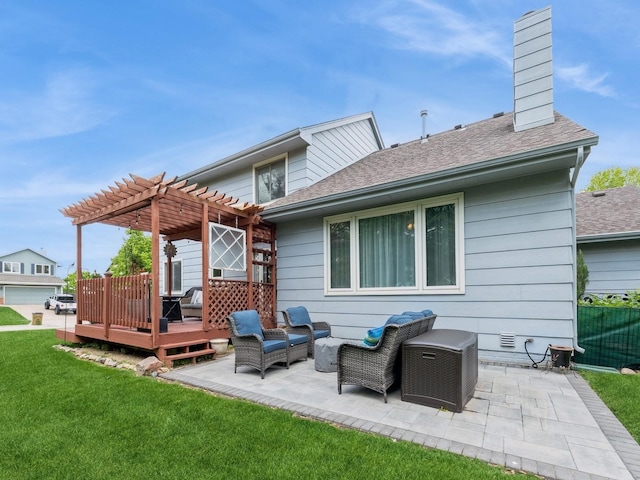 2190 NW 147th St, Clive, IA 50325 - rear view of property with a pergola, a wooden deck, a lawn, a chimney, and a shingled roof