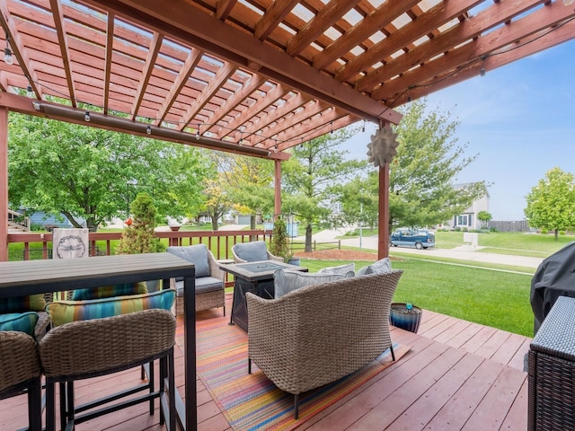 2190 NW 147th St, Clive, IA 50325 - deck featuring a pergola, a yard, and an outdoor hangout area