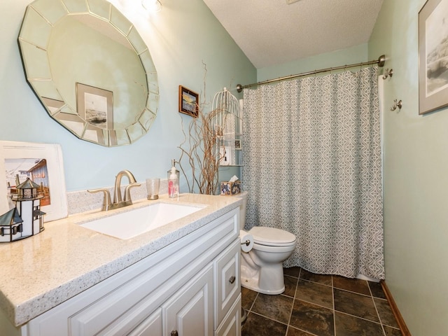 2190 NW 147th St, Clive, IA 50325 - full bathroom with vanity, toilet, a textured ceiling, and a shower with shower curtain