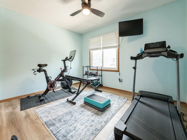 2190 NW 147th St, Clive, IA 50325 - exercise area with ceiling fan, wood finished floors, and baseboards
