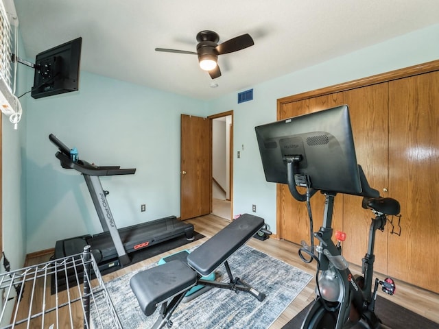 2190 NW 147th St, Clive, IA 50325 - exercise room featuring ceiling fan and wood finished floors