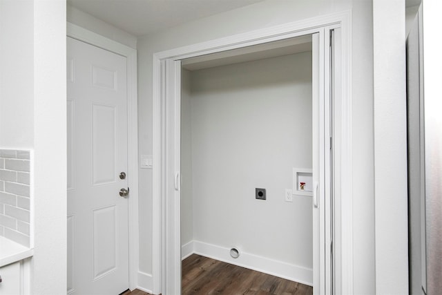 205 NW 51st Pl, Des Moines, IA 50313 - laundry area with electric dryer hookup, hookup for a washing machine, dark wood finished floors, and baseboards