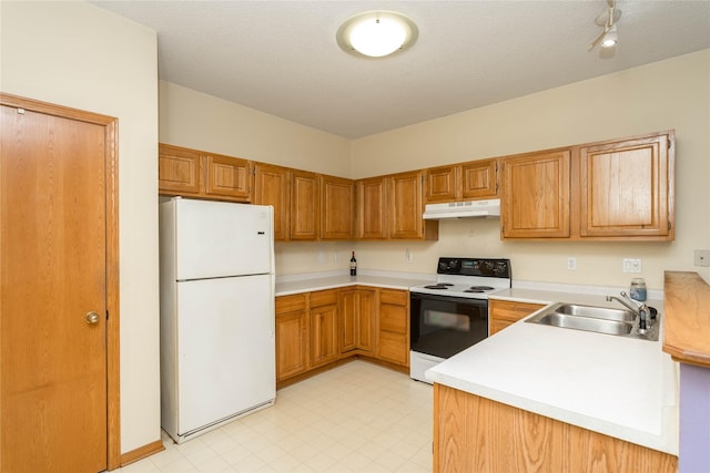 2433 Patricia Dr Unit 24, Urbandale, IA 50322 - kitchen with freestanding refrigerator, range with electric cooktop, under cabinet range hood, a sink, and light countertops