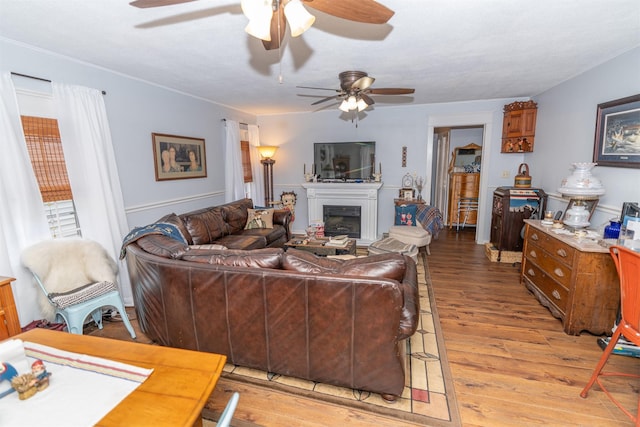 620 W Filmore St, Winterset, IA 50273 - living room with a ceiling fan, light wood-style floors, and a fireplace