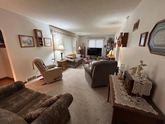 1102 S Broadway St, Toledo, IA 52342 - carpeted living room with a textured ceiling and arched walkways