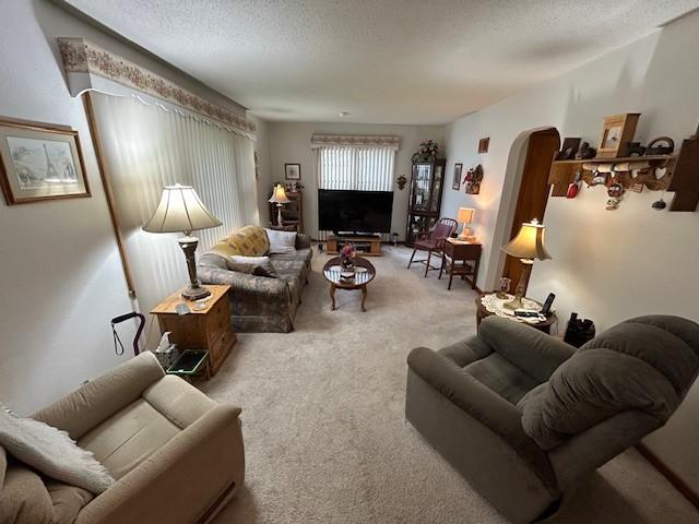 1102 S Broadway St, Toledo, IA 52342 - living room featuring arched walkways, light colored carpet, and a textured ceiling