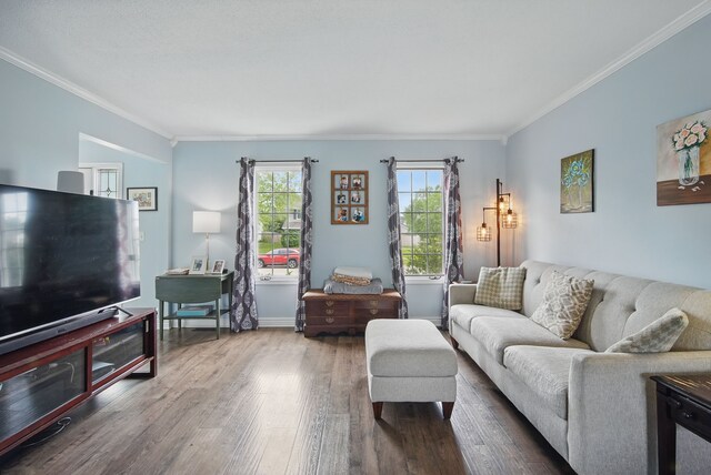 6173 Pommel Pl, West Des Moines, IA 50266 - living room with wood finished floors, ornamental molding, and baseboards