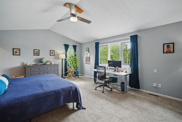 6173 Pommel Pl, West Des Moines, IA 50266 - carpeted bedroom featuring vaulted ceiling, an office area, a ceiling fan, and baseboards