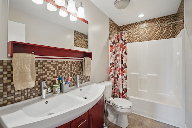 6173 Pommel Pl, West Des Moines, IA 50266 - full bathroom featuring vanity, shower / bath combo with shower curtain, toilet, and decorative backsplash
