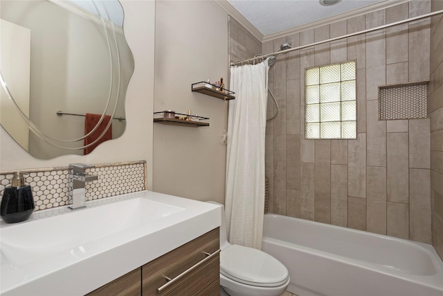 2740 Forest Dr, Des Moines, IA 50312 - full bath with toilet, vanity, shower / bath combo, and decorative backsplash