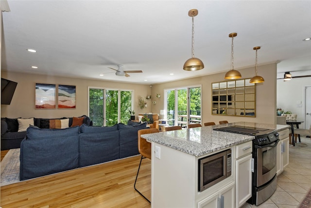 2740 Forest Dr, Des Moines, IA 50312 - kitchen with ceiling fan, appliances with stainless steel finishes, open floor plan, and recessed lighting